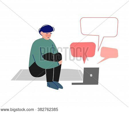 Depressed Teen Boy Sitting On Floor With Laptop With Message Bubbles, Cyber Bullying, Teenage Pubert