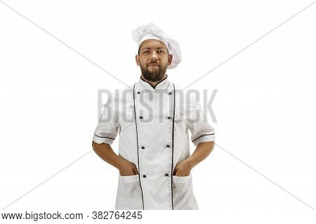 Cooker, Chef, Baker In Uniform Isolated On White Studio Background, Gourmet. Young Man, Restaurant C