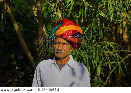 According To Rajasthani Culture, An Indian Farmer Wearing A Colorful Turban Posing In A Green Garden