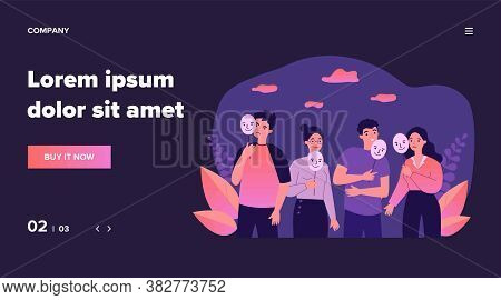 Depressed Guy And Girls Holding Positive Masks On Sticks. Sad People Covering Unhappy Faces. Vector 
