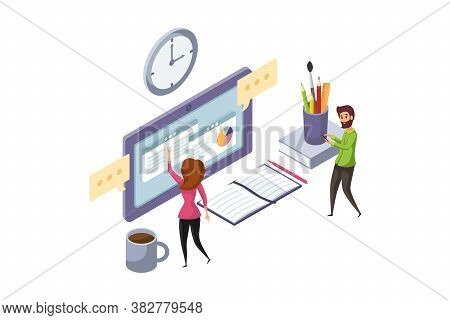 Online Education, Communication, Elearning Concept. Team Of Young Man Woman Boy Girl Students Pupils