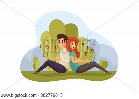Couple, Blogging, Coding Concept. Young Smart Couple In Love People Man Boy Programmer And Woman Or 