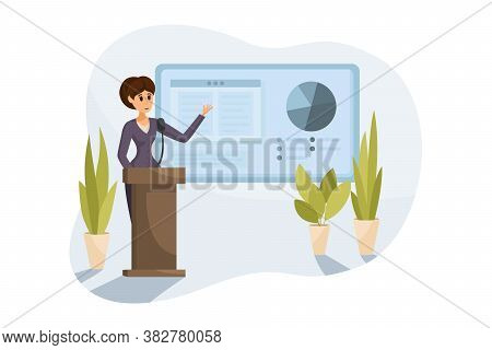 Business, Presentation, Training, Analysis Concept. Young Happy Businesswoman Office Clerk Manager E