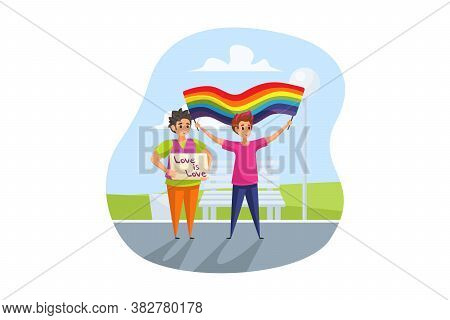 Activism, Lgbt, Parade Concept. Homosexual Men Gays Activists Cartoon Characters Taking Part At Stre