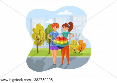 Lgbt Parade, Activism Concept.young Women Lesbians Activists Cartoon Characters Take Part At Street 