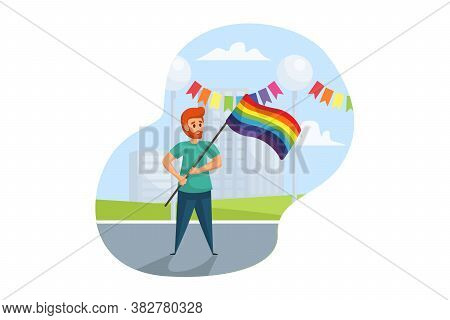 Activism, Lgbt, Parade Concept. Young Happy Man Gay Activist Takes Part At Street Demonstration For 