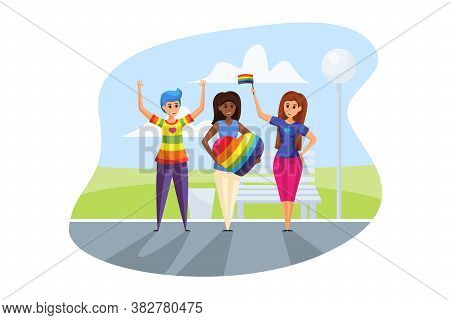 Lgbt Parade, Activism Concept. Group Of Women Lesbians Activists Cartoon Characters At Street Demons