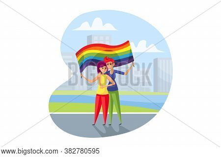 Lgbt Activism, Parade Concept. Homosexual Man Woman Gay Lesbian Activists Taking Part At Street Demo