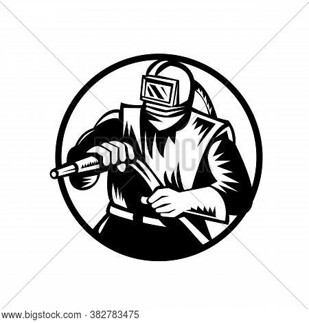 Black And White Illustration Of A Sandblaster Worker Holding Sandblasting Hose Wearing Helmet Visor 
