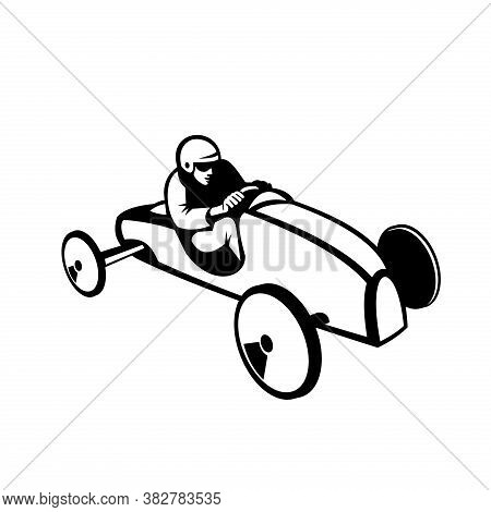 Retro Black And White Style Illustration Of A Soap Box Derby Or Soapbox Car Racer Racing In Competit