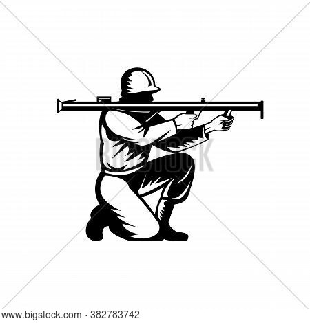 Retro Style Illustration Of A World War Two American Soldier Aiming A Bazooka Viewed From Side On Is