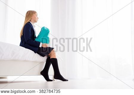 Low Angle Profile Side View Of Her She Nice Attractive Lonely Small Little Schoolchild Holding Bag S