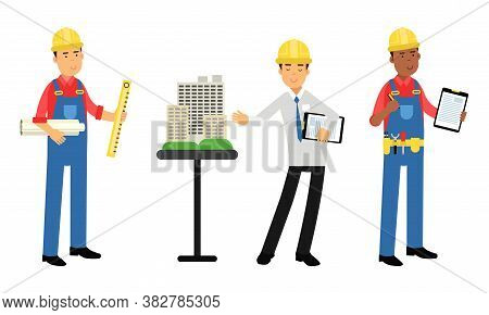 Constructor Or Builder In Yellow Hard Hat Holding Draft And Presenting Project Layout Vector Illustr