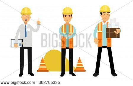 Foreman Or Architect In Yellow Hard Hat Holding Draft And Controlling Site Work Vector Illustration 