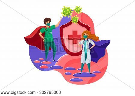 Healthcare, Medicine, Protection, Coronavirus Concept. Young Man And Woman Nurse Doctors Superheroes