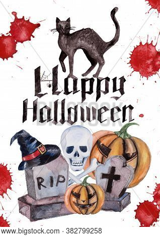 Happy Halloween With Pwith Skull, Bowler Hat, Bottles Cartoon Character. Halloween Cards Set With Ce