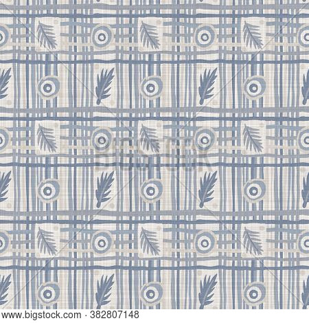 Seamless French Blue White Farmhouse Style Gingham Texture. Woven Linen Check Cloth Pattern Backgrou