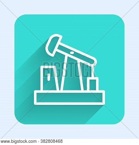 White Line Oil Pump Or Pump Jack Icon Isolated With Long Shadow. Oil Rig. Green Square Button. Vecto