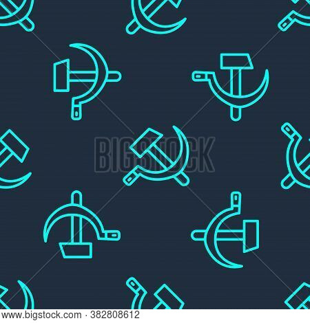 Green Line Hammer And Sickle Ussr Icon Isolated Seamless Pattern On Blue Background. Symbol Soviet U