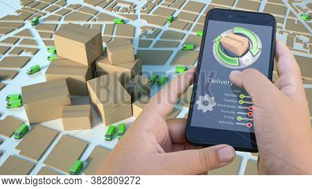 3D rendering of a smartphone app tracking a parcel on a map