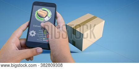 3D rendering of a smartphone delivery tracking app packages on the background