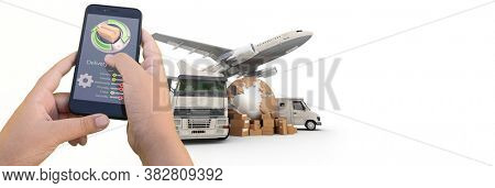3D rendering of a smartphone delivery tracking app with an airplane, truck and van on the background