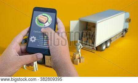 3D rendering of a smartphone delivery tracking app with trucks and goods on the background