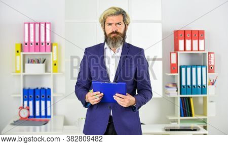 You Can Trust Me. Successful Crisis Manager Make Notes In Documents. Businessman Hold Office Folder.