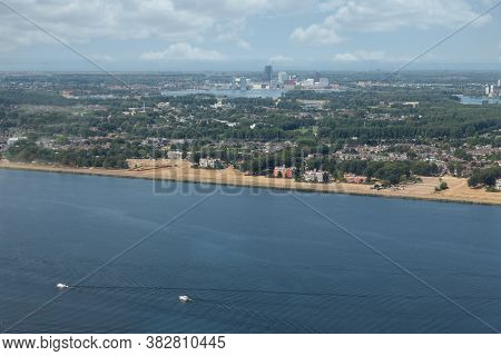 Aerial View Dutch City Almere With Residential Area Between Lake Markermeerand Lake Gooimeer