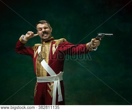 Shoting Duelist. Young Man In Suit As Nicholas Ii Isolated On Dark Green Background. Retro Style, Co