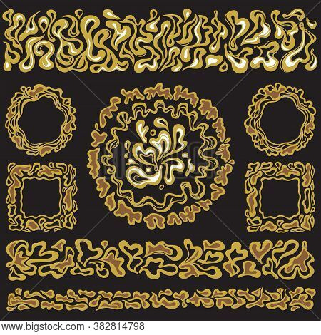 Golden Art Nouveau Floristic Squares, Circles, And Dividers In A Black Background. Vintage Elegant S