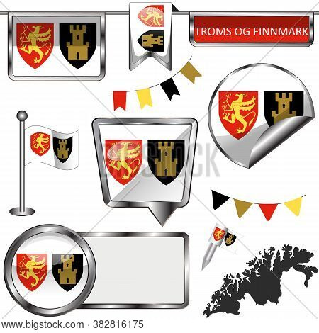 Glossy Icons With Flag Of Troms Og Finnmark County, Norway Country. Vector Image