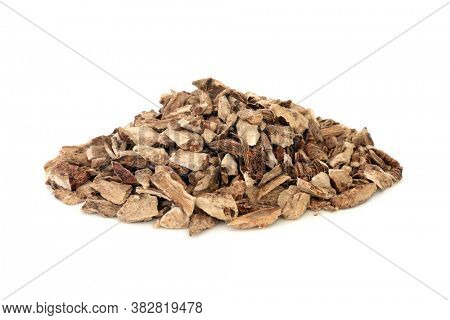 Calamus herb root used in herbal medicine to treat ulcers, upset stomach and inflammation, diarrhea, flatulence and has many other health benefits, on white background. Acorus calamus.