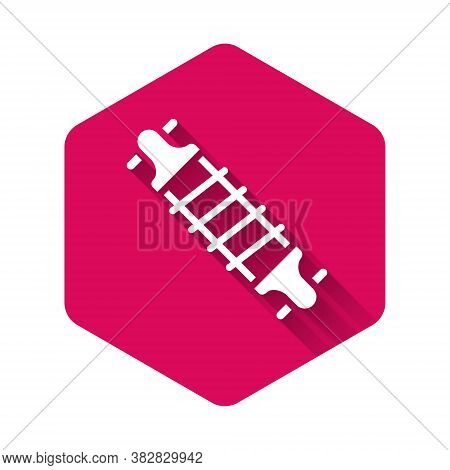 White Bicycle Suspension Icon Isolated With Long Shadow. Pink Hexagon Button. Vector