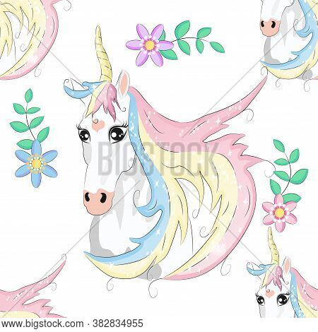 Seamless Pattern With Unicorns, Moon, Flovers, Clouds And Stars. Baby Background.