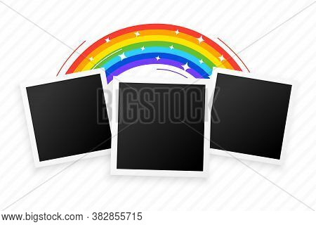 Three Photo Frames With Rainbow Background Design