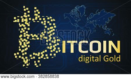 Text Bitcoin Digital Gold Written In Gold Color On A Dark Background. Bitcoin Logo Made Of Golden Bl