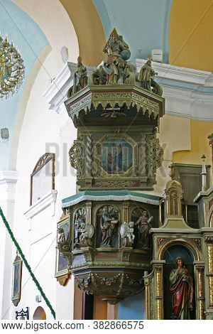 SVETI IVAN ZELINA, CROATIA - JUNE 26, 2013: Pulpit in the parish church of Saint John the Baptist in Sveti Ivan Zelina, Croatia