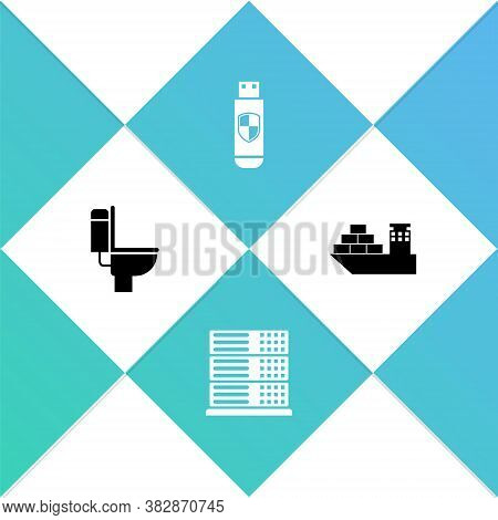 Set Toilet Bowl, Server, Data, Web Hosting, Usb Flash Drive And Shield And Cargo Ship Icon. Vector