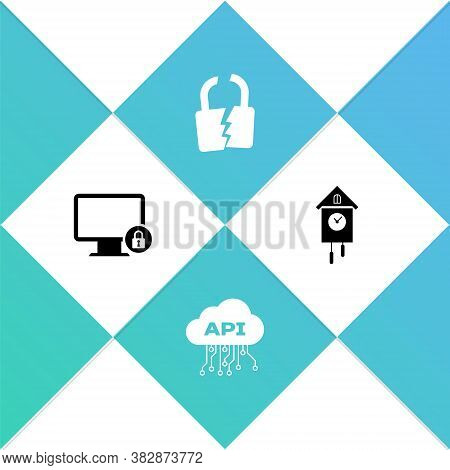 Set Lock On Monitor, Cloud Api Interface, Broken Cracked Lock And Retro Wall Watch Icon. Vector