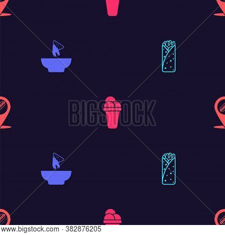 Set Burrito, Nachos In Plate, Ice Cream And Location With Hotdog On Seamless Pattern. Vector