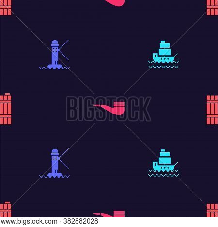 Set Ship, Lighthouse, Smoking Pipe And Wooden Barrel On Seamless Pattern. Vector
