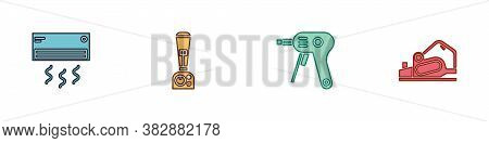 Set Air Conditioner, Blender, Electric Hot Glue Gun And Planer Tool Icon. Vector