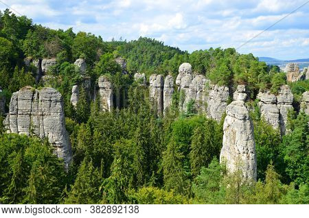 View on rocky sandstone formations in Hruba Skala, Bohemian Paradise (Cesky Raj), Czechia.