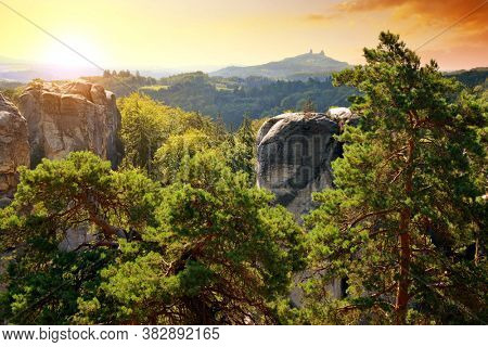 View on Trosky Castle from Hruba Skala in Bohemian Paradise (Cesky Raj), Czechia.