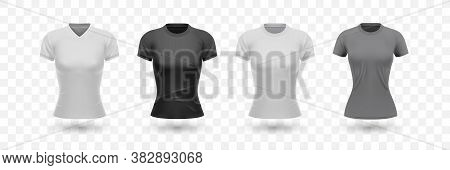 Realistic Female Shirt Mockups Set. Illustration Of Realism Style Drawn Tshirt Templates For Women F