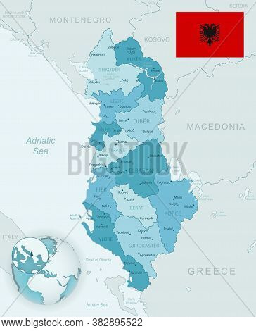 Blue-green Detailed Map Of Albania Administrative Divisions With Country Flag And Location On The Gl