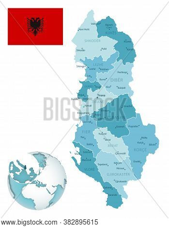 Albania Administrative Blue-green Map With Country Flag And Location On A Globe.