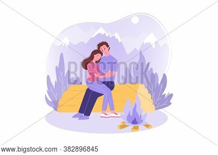 Travelling, Tourism, Nature, Camping Concept. Happy Couple In Love Man Woman Tourists Hikers Cartoon