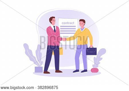 Hiring, Signing Contract, Meeting, Business Concept. Young Happy Employee Worker Cartoon Character S